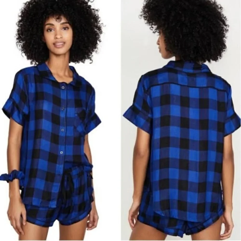 Revolve Plush Pajama Shorts Set M Ultra Soft Plaid Blue Black Lounge Comfy